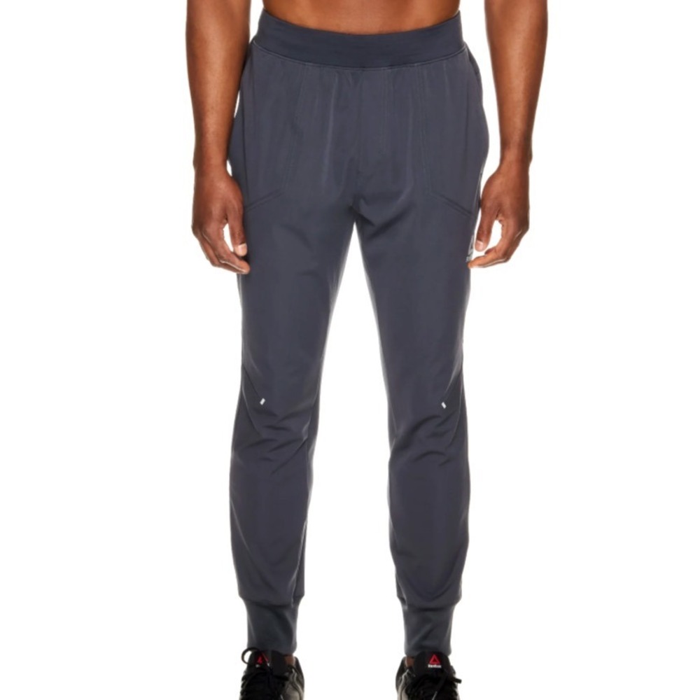 REEBOK Dark Gray DISTANCE WOVEN JOGGERS PANTS Pull-On Reflective Pockets SIZE S
